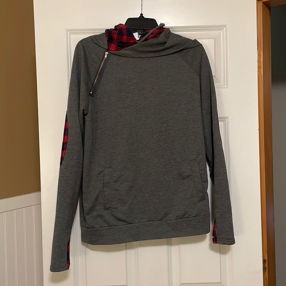 Gray and red flannel shawl neck hoodie